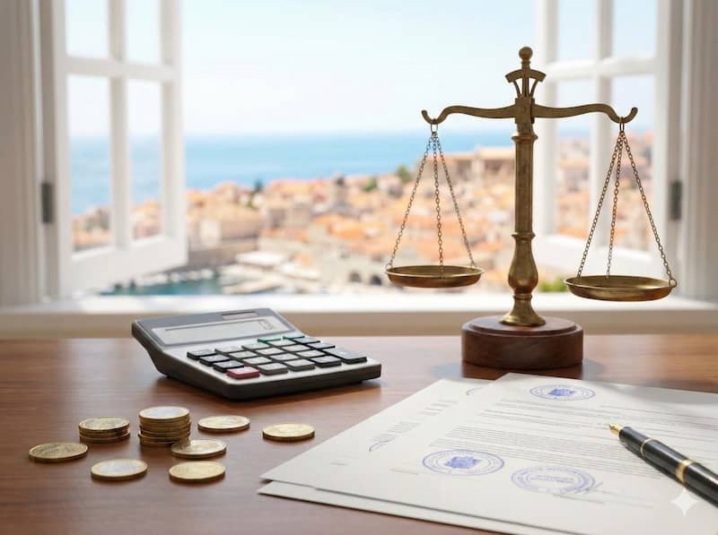 Un escritorio con una calculadora, monedas de euro, documentos legales sellados y una balanza, con una vista de la costa balear de fondo, simbolizando el c&aacute;lculo de impuestos en la compra de vivienda.